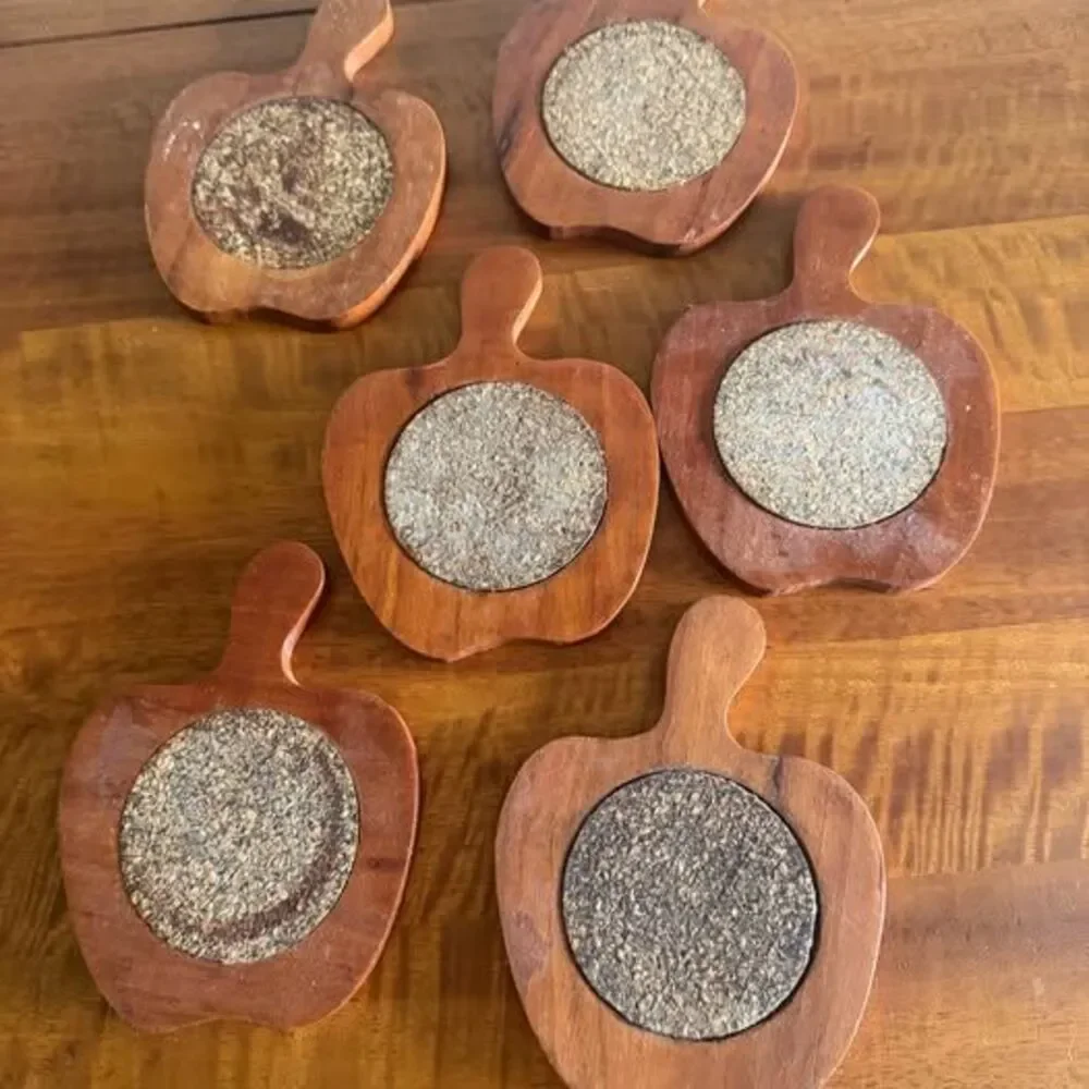 Vintage Wooden Apple-Shaped Coasters with Holder - Set of 6